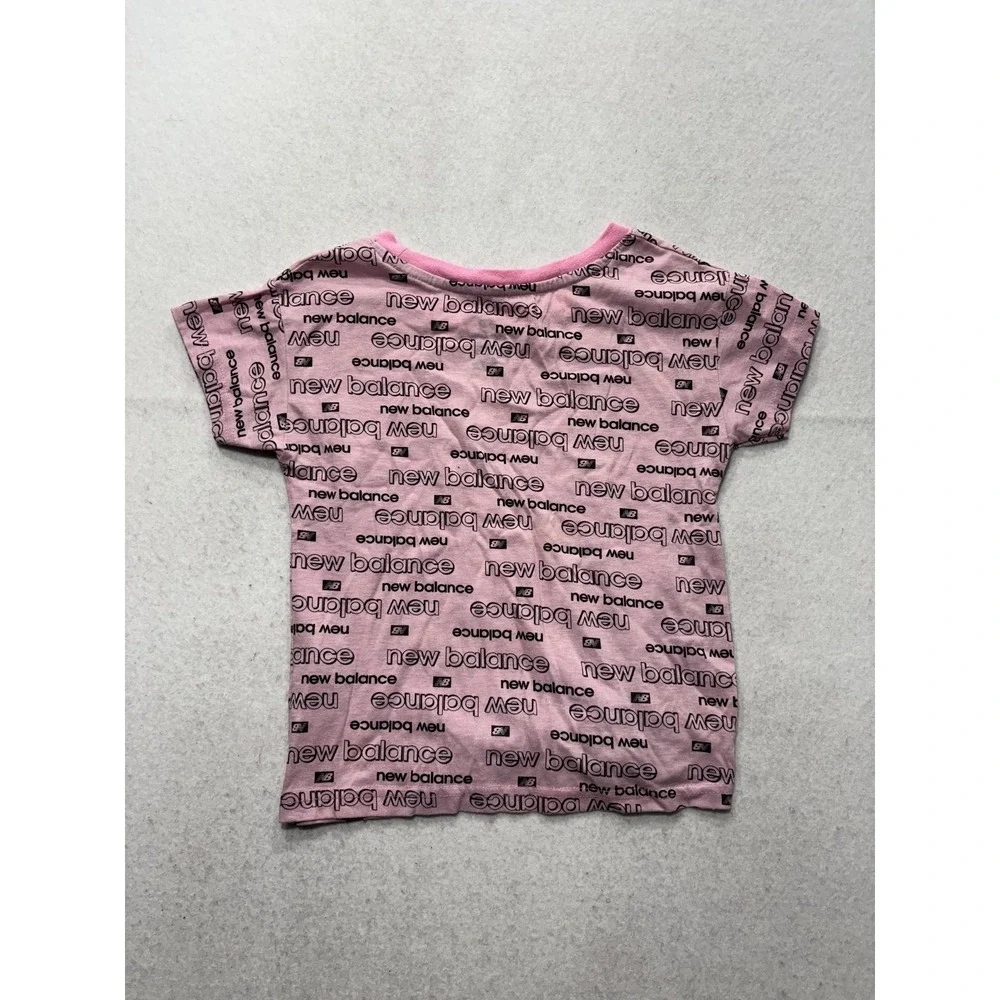 New Balance Shirt Girls S 7/8 Pink Allover Logo Knot Hem Graphic Tee Athletic